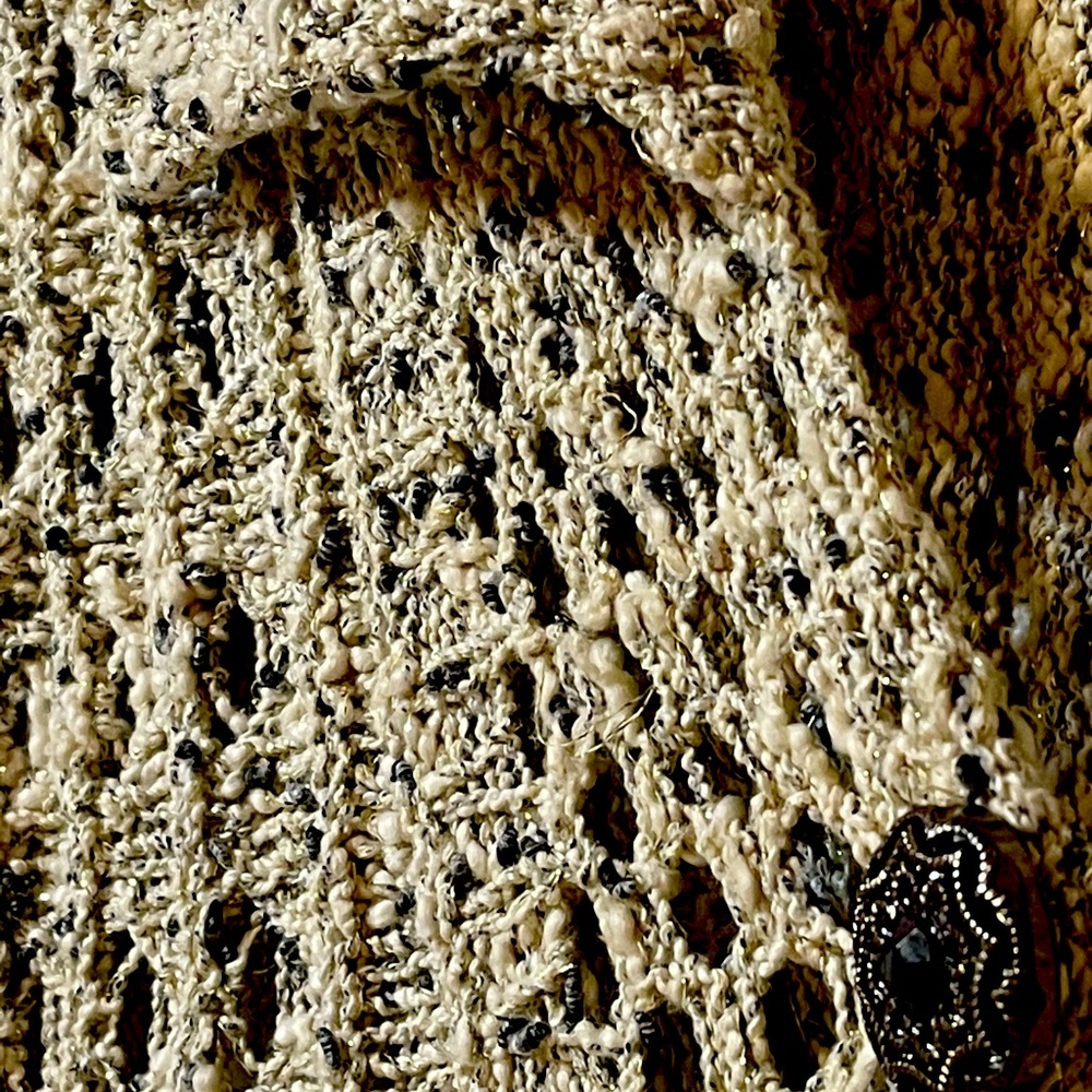Colour Works Natural and Black Open Knit Long Cardigan w/gold metallic threads.